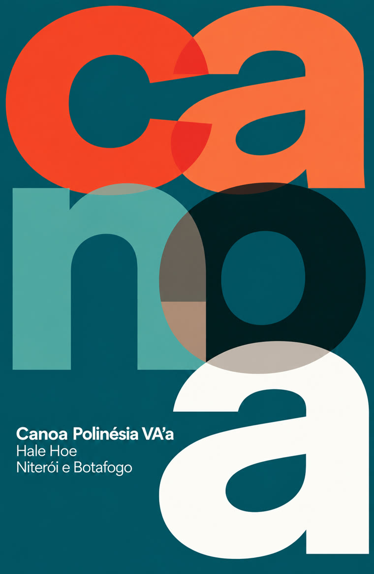 Cartaz com a palavra canoa em letras grandes sobrepostas: Canoa Polinésia Va'a, Hale Hoe, Niterói e Botafogo